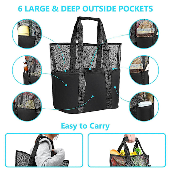Cabilock Mesh Strandtaske Tote Taske Foldbar Dagligvarepose med Ekstra 6 Udvendige Lommer (Sort)