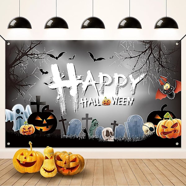Halloween-koristeet, harmaa Halloween-banneritausta, Hyvää Halloweenia -banneri Halloween-juhlien taustaksi, ihanteellinen kotiin, puutarhaan, sisätiloihin