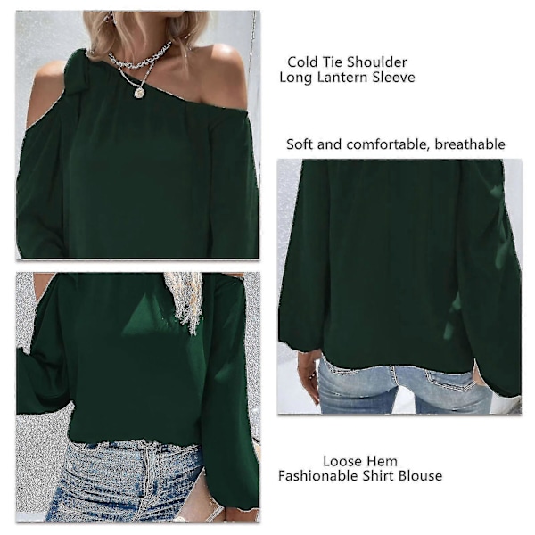 Dam Topp Cold Shoulder Knytblus Enfärgad Lykta Ärm Elastisk Manschett Chiffong Elegant Casual Blus Skjorta Dark Green M