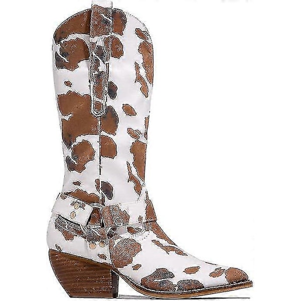 Cow Print Cowgirl Stövlar Block Chunky Klack Mellanhög brown 41