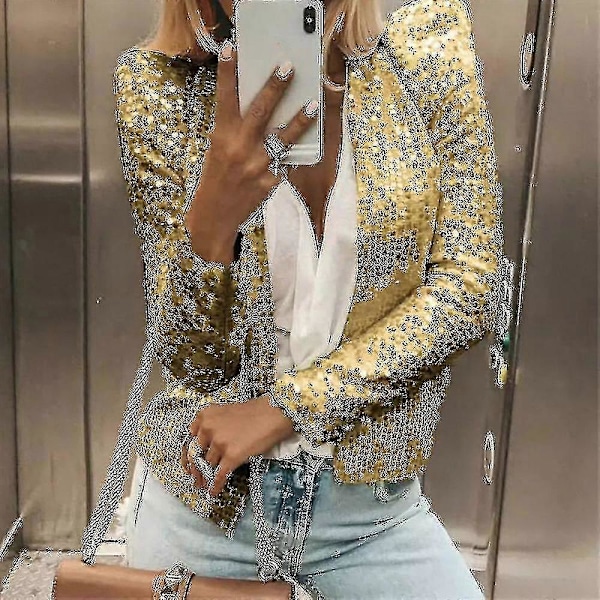 Cardigan for kvinner, langermet, skinnende paljettjakke, åpen front, avslappet damejakke Gold L