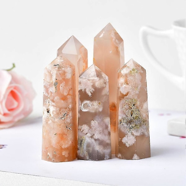 Naturlig Krystal Kvarts Spids Healing Sten Kirsebærblomst Agat Hexagonale Prismer Obelisk Stav Sten