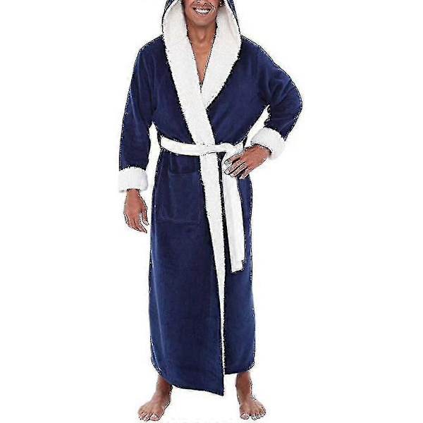 Miesten pitkä hupullinen kylpytakki pehmeä yöpaita aamutakki Dark Blue 2XL