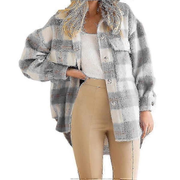 Vinter Ullkappa Casual Rutig Flanell Shacket Jacka Överdimensionerad Knapp Ned Långärmad Höst Skjorta Jacka Kappa Toppar Jacka Kvinnor BLUE S