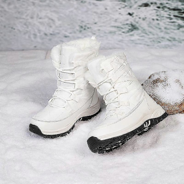 Snökängor för damer med plus sammet, varma höga bomullsskor, stor storlek, avslappnade vinterskor 312 White 36
