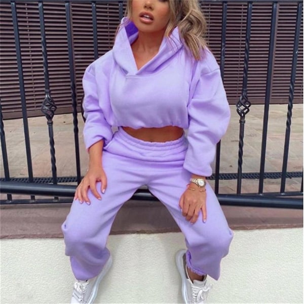 Kvinnors casual beskuren huvtröja + byxor med elastisk midja Sportkläder Purple XL