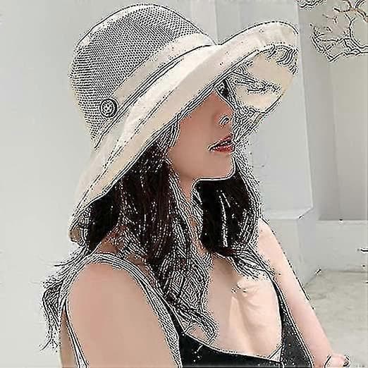 Solhatter i mesh for kvinner - UPF UV-beskyttelse - Sammenleggbar - Bred brem - Hakestropp beige