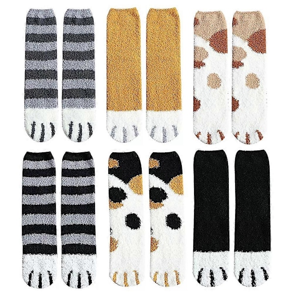 6 par tjocka korallfleece strumpor med kattfotmönster (blandad stil)