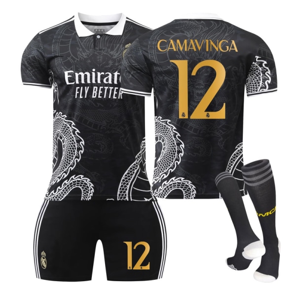 23-24 Real Madrid fotboll uniform drak mönster version barn och vuxna set sportlag uniform NO.12 CAMAVINGA 20