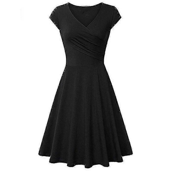 Elegant Damklänning Enfärgad Kortärmad V-ringad Afton Cocktail Bal Sommarklänning Black L