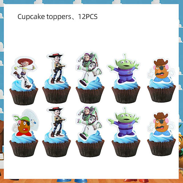 Sininen taivas valkoiset pilvet teemajuhlatarvikkeet Sarjakuva Toy Story kertakäyttöastiat kuppi lapsille pojille syntymäpäiväjuhlien koristeet 24pc cake topper