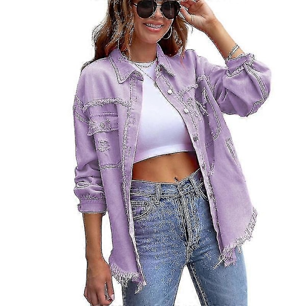 Oversized Jeansjacka för Dam, Sliten och Trasig Purple L