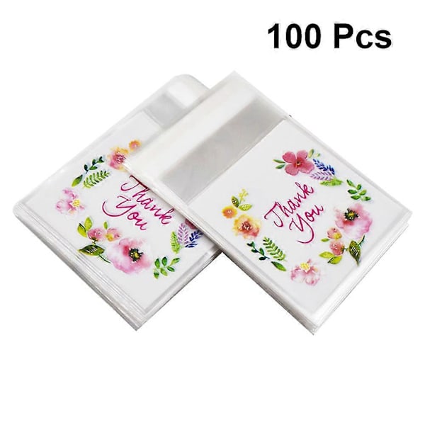 100 stk. Gavepose med blomstermønster og tak, selvklæbende slikpose, kageposer, cellofanpose, pakkepose, festgavepose (10 x 10 + 3 cm)