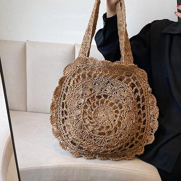 Bohemisk Väska i Halm Dam Rund Strandväska Sommar Rattan Axelväska dark brown