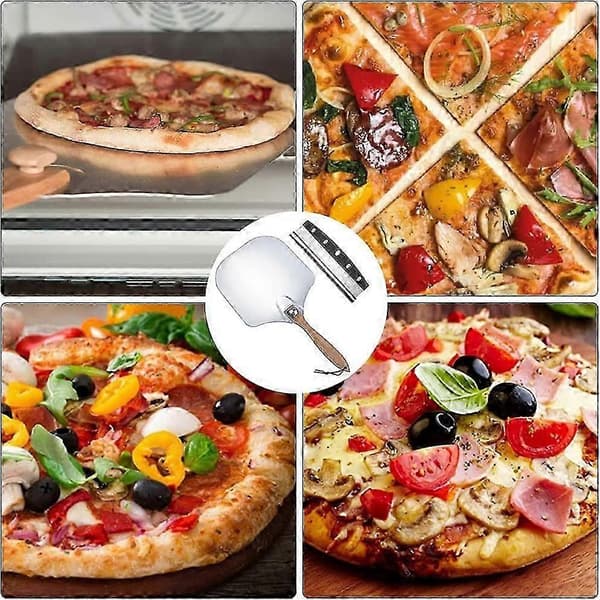 12\" Pizzaspade, rustfritt stål, aluminium pizzaspade med sammenleggbart trehåndtak + pizzakutter