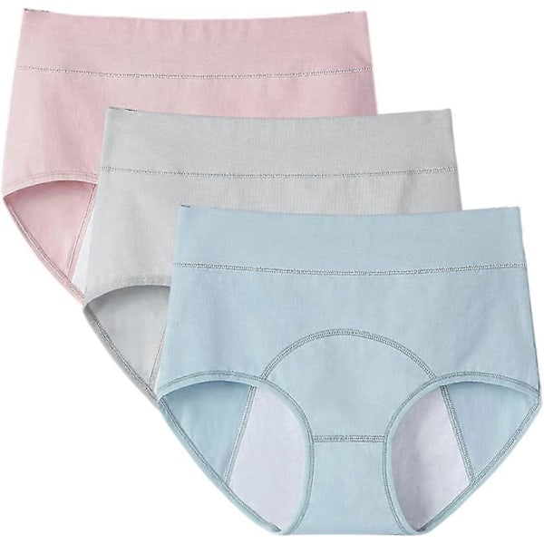 3 st Kvinnors Period Tätsäkra Trosor Menstruationstrosor Bomull Menstruationsunderkläder Blue x Gray  x Pink XL
