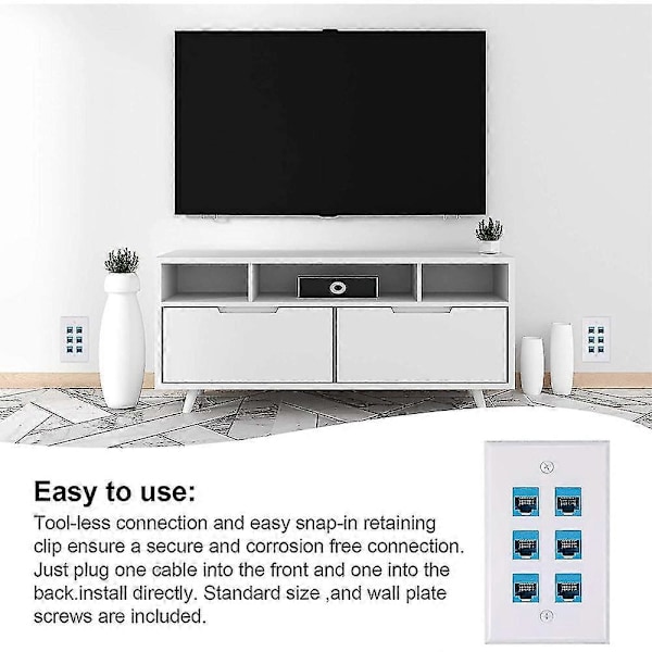 2-pak 6-ports Ethernet vægplade, Rj45 Cat6 hun til hun jack inline koblingsplader Ethernet-kabel