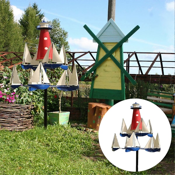 Kunst Vindskulptur Sommer Fyr Seilbåt Vindmøller Nautisk Vindskulptur Metall Vindspinner Hage Uteplen Dekorasjon