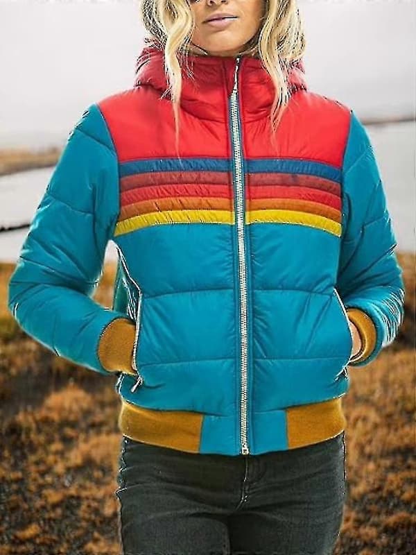 Dam Regnbåge Dragkedja Vinter Dun Ledig Randig Huvförsedd Pufferjacka Blue XXL