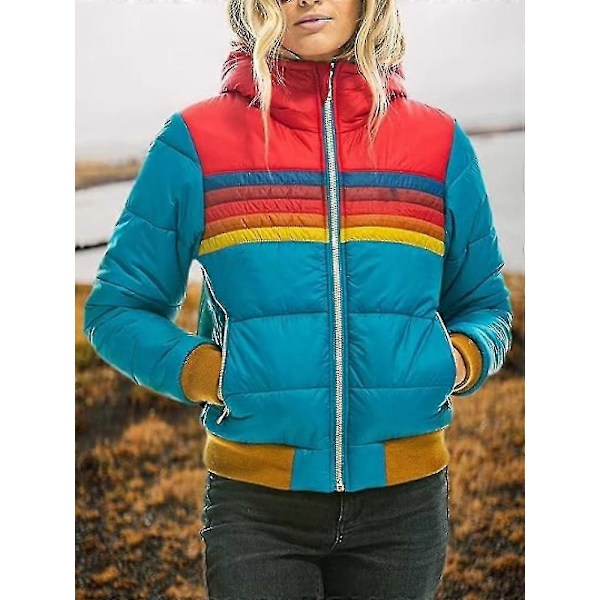Dame Regnbue Lynlås Vinter Dunjakke Casual Stribet Hætte Pufferjakke Blue XS