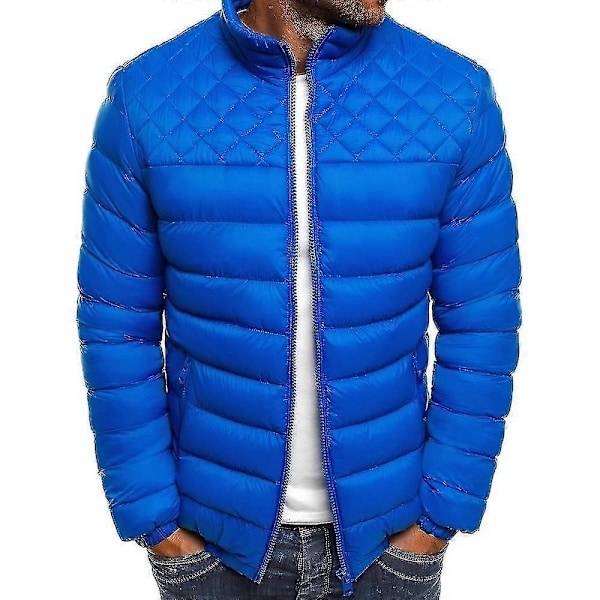 Herr Enfärgad Vardaglig Quiltad Pufferjacka Vinter Varm Ståkrage Jacka Dragkedja Vadderad Basic Ytterkläder Royal Blue M