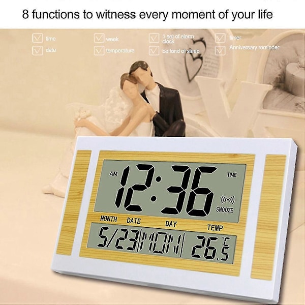 Digital Väggklocka LCD Stor Siffra Tid Temperatur Kalender Alarm Bordsklocka Modern Design