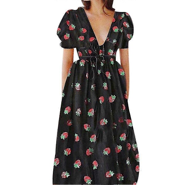Dame Mode Jordbær Print Dyb V Kortærmet Mesh Cocktail Party Kjole Black L