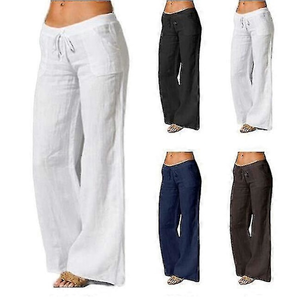 Dame Bomull Lin Brede Ben Bukser - Ensfarget Casual Elastisk Midje Lange Bukser gray L