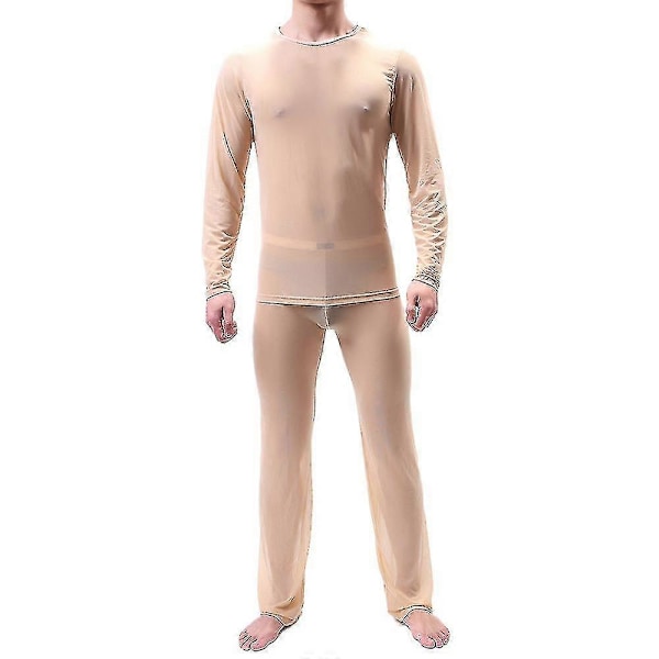 Herr Mesh Genomskinlig Pyjamas Set Sexig Topp + Byxor Underkläder Erotiska Nattkläder Skin Colour M