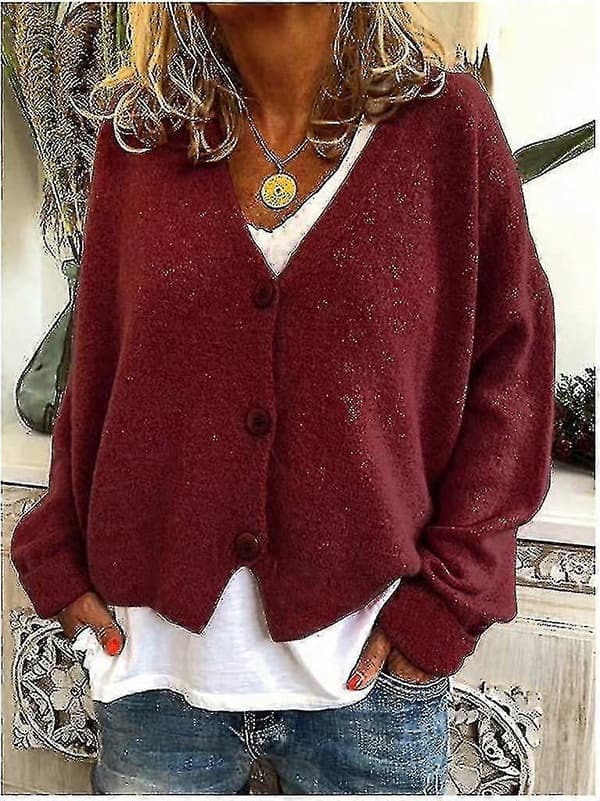 Damtröja Stickad Casual V-ringad Enfärgad Kofta Wine Red 2XL