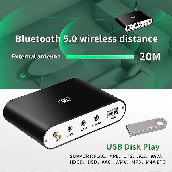 Da615h 5.1ch Audio Dekoder Bluetooth 5.0 Mottaker Dac Trådløs Audio Adapter Optisk Koaksial U Spill