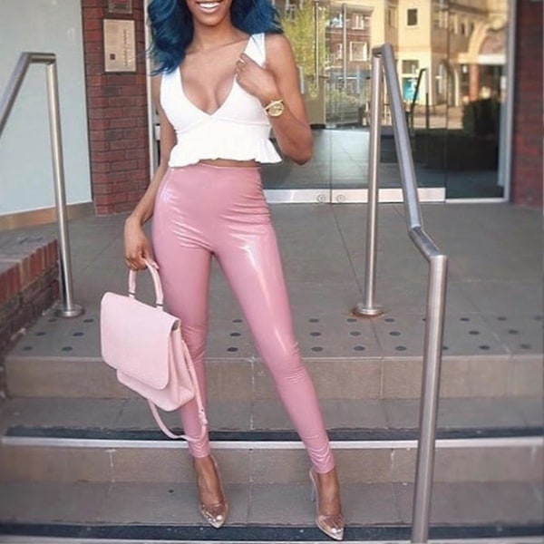 Högmidjade Läderleggings Enfärgade Ankelkorta PU Leggings För Höst Vår Vinter Pink XL