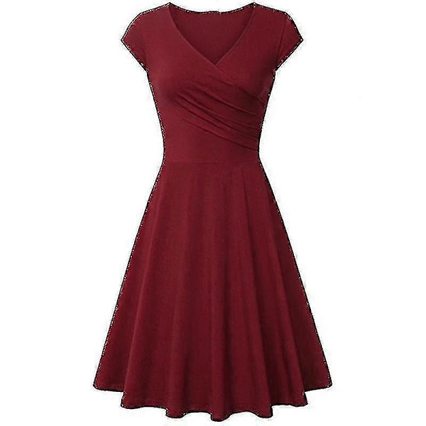 Elegant Damklänning Enfärgad Kortärmad V-ringad Afton Cocktail Bal Sommarklänning Burgandy M