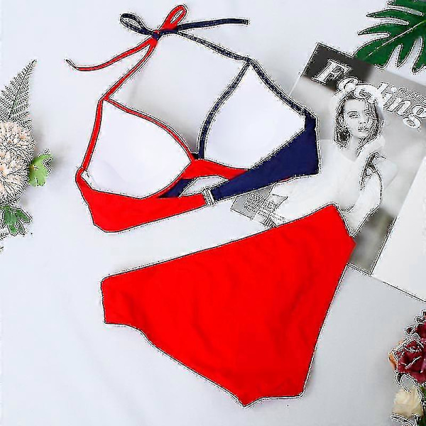 Dame Farveblok Bikini Sæt Polstret Push Up Badetøj Halter Hals Badetøj Dark Blue Red M
