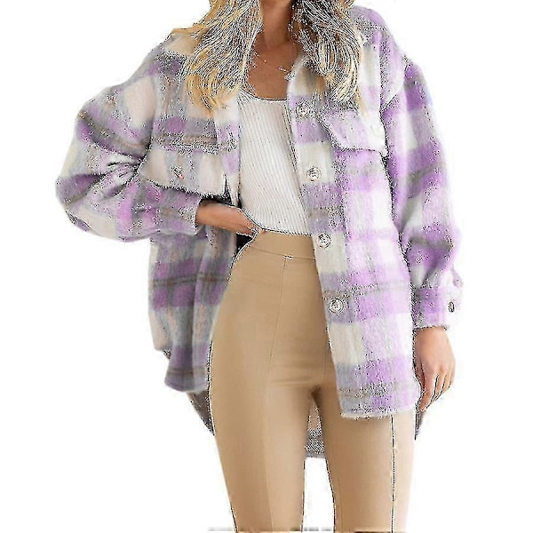 Vinter Ullkappa Casual Rutig Flanell Shacket Jacka Överdimensionerad Knapp Ned Långärmad Höst Skjorta Jacka Kappa Toppar Jacka Kvinnor GREY XL