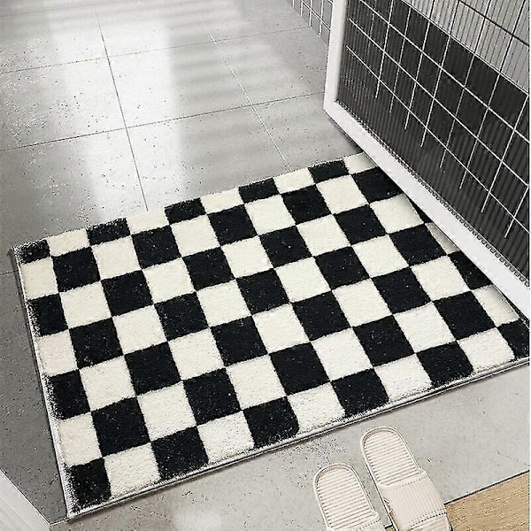 Skakternet Badeværelsesmåtte Tyk Skridsikker Bademåtte Absorberende Entré Dørmåtte til Soveværelse Tæppe Boligindretning Gulvmåtter Black Bath Mat 40X60CM