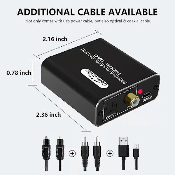 Optisk til RCA-konverter, digital til analog lydkonverter 192 kHz, DAC-lydkonverter for TV DVD B