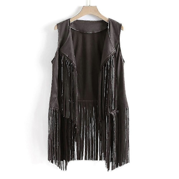 Ärmlös väst med tofsar för kvinnor 70-tal 1970-tal Hippie Faux Suede Västar Fransjacka Koftor Grey M