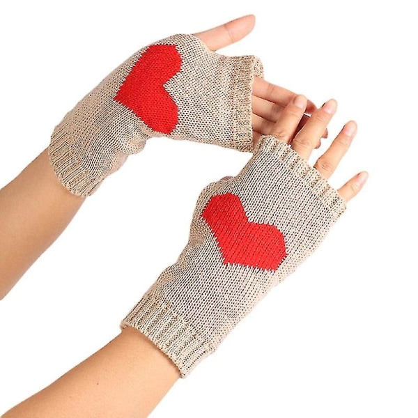 Vinterhandskar för kvinnor, pekskärm, tjocka, varma, stickade, med hjärtmönster, fingervantar, utomhusskidhandskar Beige