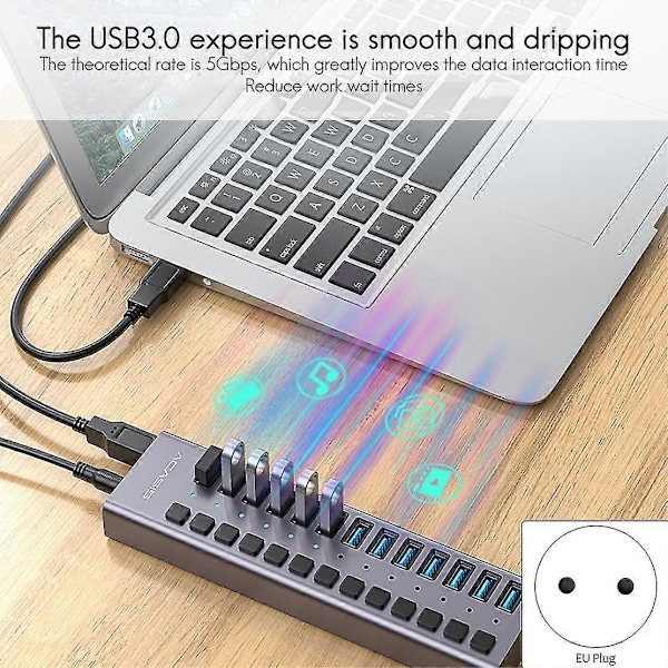 13-ports USB Hub 5 Gbps USB 3.0 Multifunktionel Udvidelsesinterface Splitter Expander med Uafhængig