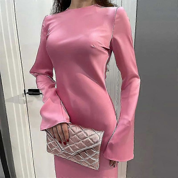 Satin Kjole til Kvinder - Slank Maxi Kjole med Lange Ærmer, Høj Talje, Elegant Ensfarvet Kjole Khaki 3XL