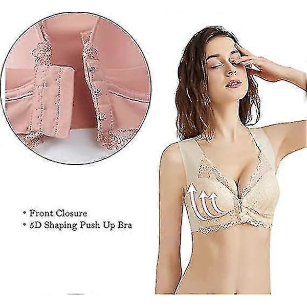Dam Plus Size Frontknäppning Spets Hållningskorrigerande BH Bekväm Sömlös Full Coverage BH Khaki 4XL