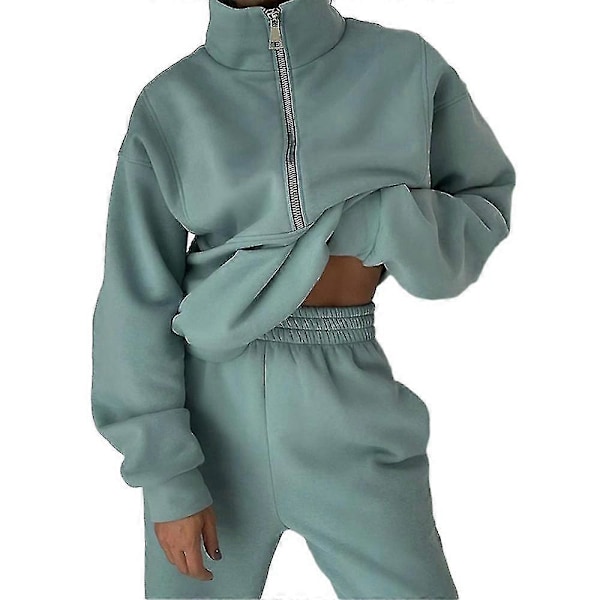 Dam Tvådelad Träningsdräkt Långärmad Dragkedja Hög Hals Hoodie Sweatshirt Med Träningsbyxor Träningsset Jogging Set Green 2XL