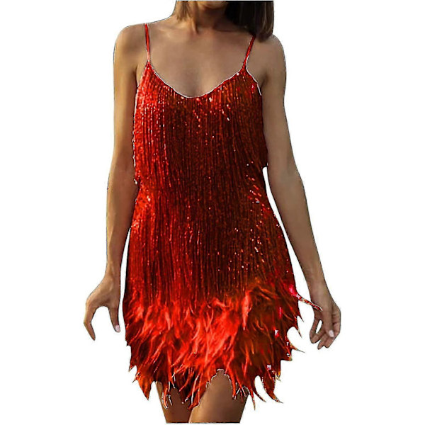 Cocktailkjoler til kvinder Sexet dyb V-hals Allover Frynser Spaghetti Stropper Kjole Pailletter Fjer Prom Festkjole 3-red XX-Large