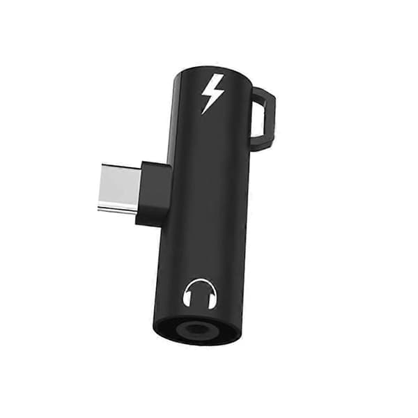 Type C Øretelefonadapter 2 i 1 Type-C til 3,5 mm Lydladekabel Øretelefonkonverter Svart