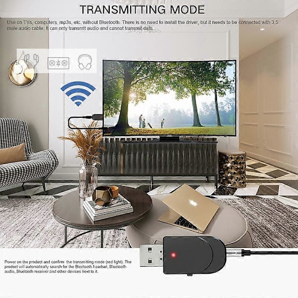 Bluetooth 5.0 Stereo Audio Transmitter Receiver USB 3.5mm AUX Adapter til TV PC