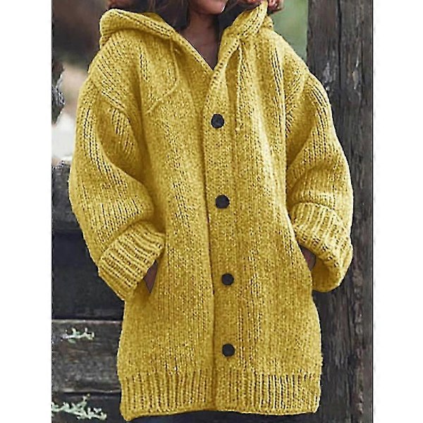 Dame Hætte Strikket Sweater Efterår Vinter Mellemlang Ensfarvet Knap Sweater Uldfrakke Jakker Overdele Yellow M
