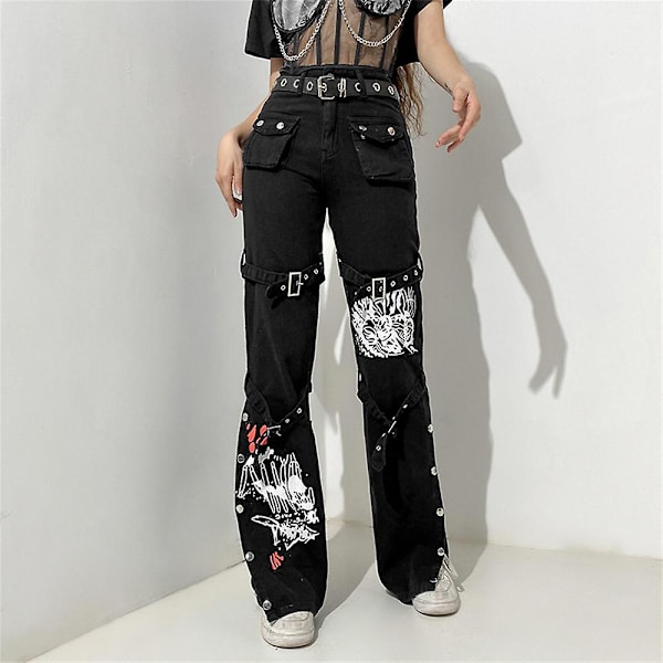 Cyber Y2k Bukser Akademiske Mørke Klæder Hippie Løse Jeans style2 M