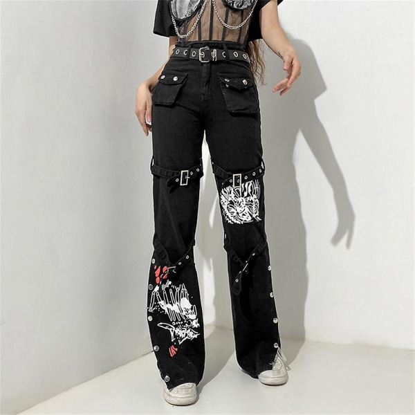 Cyber Y2k byxor Akademiska mörka kläder Hippie lösa jeans style1 L