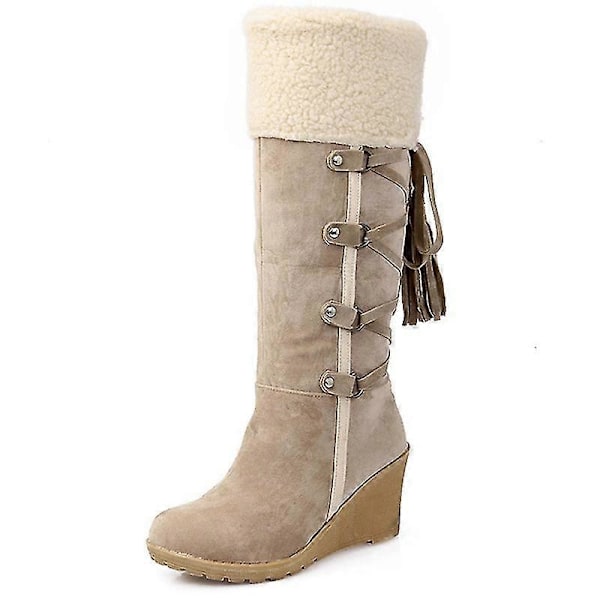 Dame Faux Fur Foret Knæhøje Støvler Vinter Varme Kilehæl Sko Beige 39
